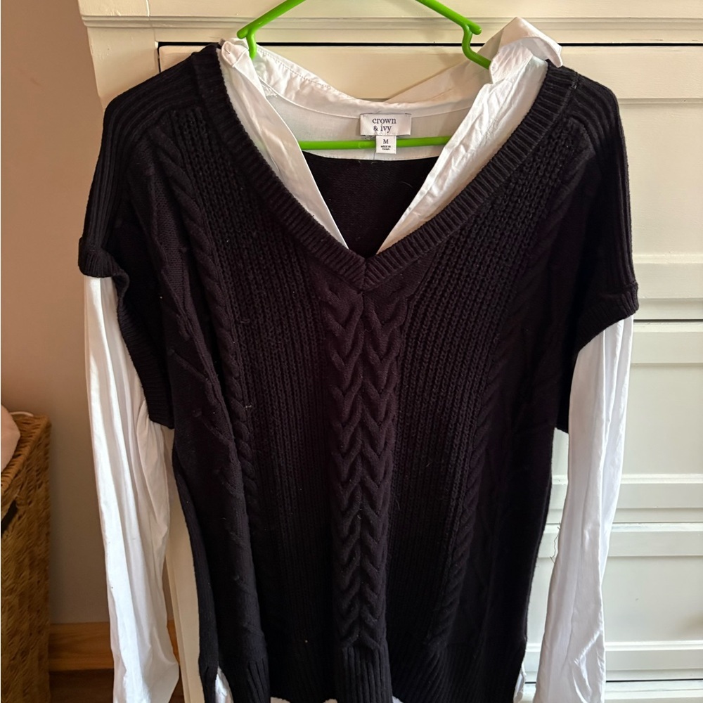 crown & ivy Black V-Neck Cable-Knit Sweater with White Shirt-Layer